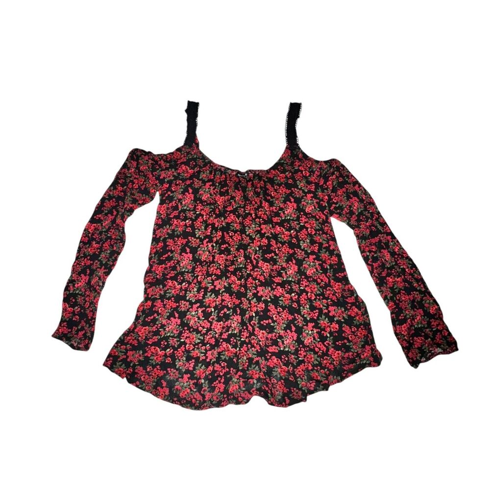 Torrid Crinkle Gauze Lace Trip Cold Shoulder Top Women's M 00 Red Black Floral